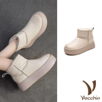 【VECCHIO】真皮厚底短筒雪靴/真皮頭層牛皮經典厚底保暖絨毛內裡短筒雪靴 女鞋 米