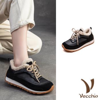 【VECCHIO】真皮毛絨滾邊德訓鞋/真皮頭層牛皮保暖毛絨滾邊造型德訓鞋 休閒運動鞋 女鞋 黑