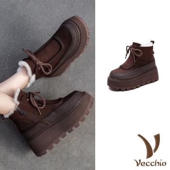 【VECCHIO】全真皮羊毛鬆糕厚底雪靴/全真皮頭層牛皮保暖羊毛裡復古繫帶鬆糕厚底雪靴 女鞋 咖
