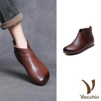 【VECCHIO】真皮絨裡低跟短靴/真皮頭層牛皮保暖絨裡經典復古低跟短靴 女鞋 棕