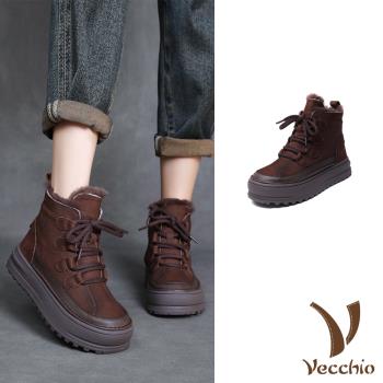 【VECCHIO】真皮羊毛厚底綁帶休閒鞋/真皮頭層牛皮保暖羊毛內裡厚底綁帶休閒鞋 女鞋 棕