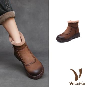 【VECCHIO】真皮拼接羊羔絨裡厚底短靴/真皮頭層牛皮復古拼接保暖羊羔絨裡厚底短靴 女鞋 棕