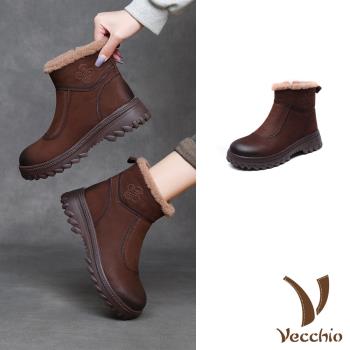 【VECCHIO】真皮拼接羊羔絨裡厚底短靴/真皮頭層牛皮復古拼接保暖羊羔絨裡厚底短靴 女鞋 咖