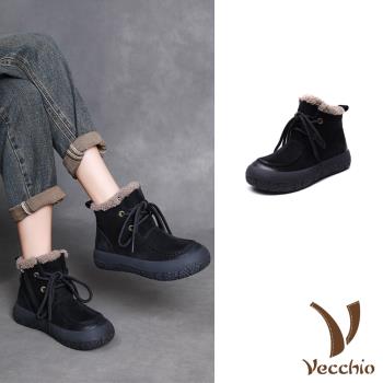 【VECCHIO】真皮羊毛內裡厚底繫帶休閒鞋/真皮頭層牛皮保暖羊毛內裡經典厚底繫帶休閒鞋 女鞋 黑