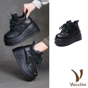 【VECCHIO】真皮絨裡鬆糕厚底休閒鞋/真皮頭層牛皮保暖絨裡復古輕量鬆糕厚底休閒鞋 女鞋 黑