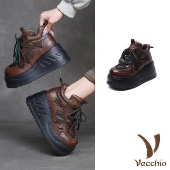 【VECCHIO】真皮絨裡鬆糕厚底休閒鞋/真皮頭層牛皮保暖絨裡復古輕量鬆糕厚底休閒鞋 女鞋 棕