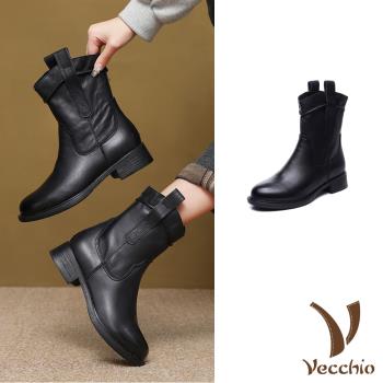 【VECCHIO】真皮粗跟中筒靴/真皮頭層牛皮經典復古小圓頭粗跟中筒靴 女鞋 黑