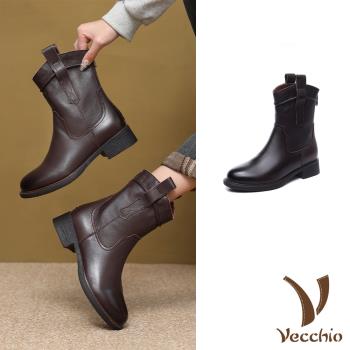 【VECCHIO】真皮粗跟中筒靴/真皮頭層牛皮經典復古小圓頭粗跟中筒靴 女鞋 棕