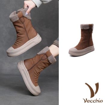 【VECCHIO】真皮羊羔毛翻領厚底雪靴/真皮頭層牛皮保暖羊羔毛翻領設計厚底雪靴 女鞋 棕