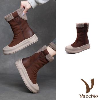 【VECCHIO】真皮羊羔毛翻領厚底雪靴/真皮頭層牛皮保暖羊羔毛翻領設計厚底雪靴 女鞋 咖
