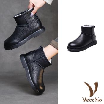 【VECCHIO】真皮羊毛平底短筒雪靴/真皮頭層牛皮保暖羊毛經典平底短筒雪靴 女鞋 黑