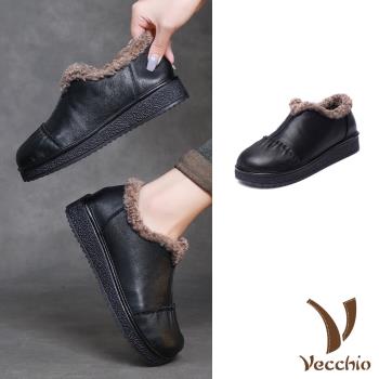 【VECCHIO】真皮羊羔毛絨內裡厚底雪鞋/真皮頭層牛皮保暖羊羔毛絨內裡厚底雪鞋 休閒鞋 懶人鞋 女鞋 黑
