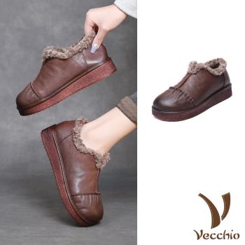 【VECCHIO】真皮羊羔毛絨內裡厚底雪鞋/真皮頭層牛皮保暖羊羔毛絨內裡厚底雪鞋 休閒鞋 懶人鞋 女鞋 棕
