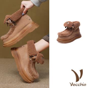 【VECCHIO】翻絨牛皮羊羔毛厚底麵包雪靴/真皮翻絨牛皮保暖羊羔毛絨翻領造型厚底麵包雪靴 女鞋 棕