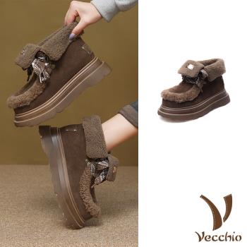 【VECCHIO】翻絨牛皮羊羔毛厚底麵包雪靴/真皮翻絨牛皮保暖羊羔毛絨翻領造型厚底麵包雪靴 女鞋 咖