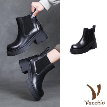 【VECCHIO】真皮絨裡粗跟厚底短靴/真皮頭層小牛皮保暖絨裡粗跟厚底切爾西短靴 女鞋 黑