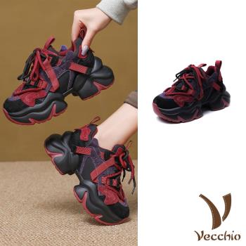【VECCHIO】翻絨牛皮撞色絨裡厚底老爹鞋/真皮翻絨牛皮拼接撞色織帶絨裡厚底休閒老爹鞋 運動鞋 女鞋 黑