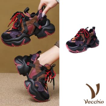 【VECCHIO】翻絨牛皮撞色絨裡厚底老爹鞋/真皮翻絨牛皮拼接撞色織帶絨裡厚底休閒老爹鞋 運動鞋 女鞋 紅