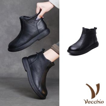 【VECCHIO】真皮羊毛內裡舒適軟底短靴/真皮頭層牛皮保暖羊毛內裡舒適軟底短靴 女鞋 黑