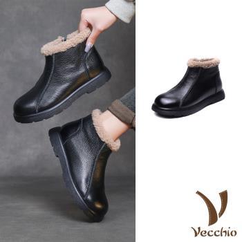 【VECCHIO】真皮拼接短絨內裡平底短靴/真皮頭層牛皮經典拼接短絨內裡平底短靴 女鞋 黑