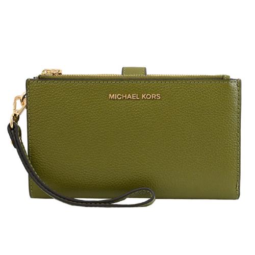 MICHAEL KORS JET SET 浮雕LOGO荔紋手提式雙拉鍊長夾.橄欖綠