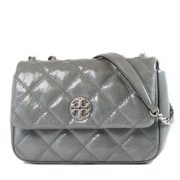 TORY BURCH WILLA 銀LOGO菱格翻蓋肩背/斜背二用包-油蠟綠/小