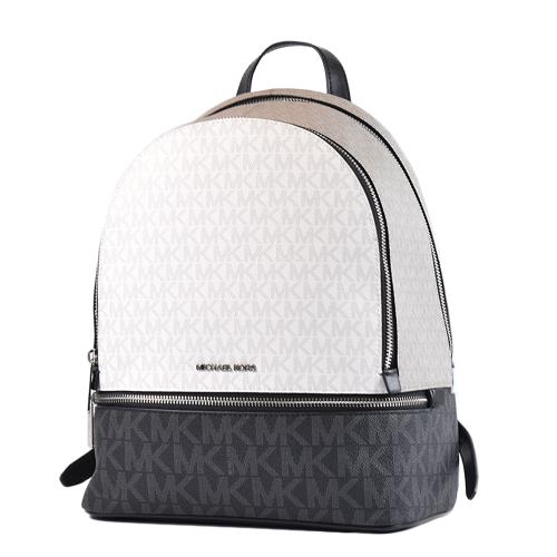 MICHAEL KORS RHEA 拚色緹花LOGO防刮雙拉鍊後背包-黑/白/灰/中