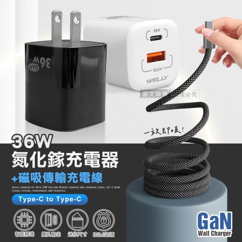 WELLY 36W氮化鎵GaN 迷你雙孔充電器+Type-C to Type-C 磁吸秒收充電線(100cm)