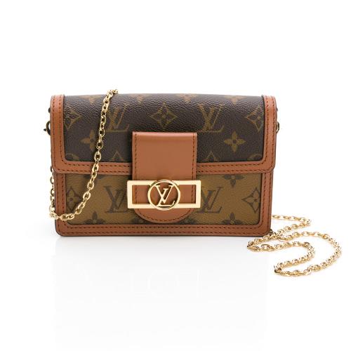 LOUIS VUITTON Dauphine復古金色鍊帶LV Circle開合扣斜背包手拿包(咖)