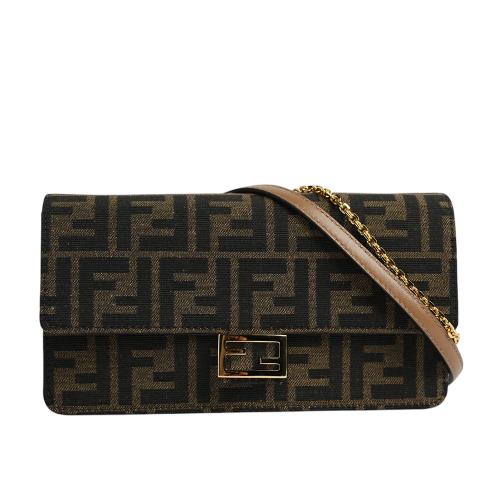 FENDI Baguette FF Logo 緹花布二用皮夾式鍊包/WOC(棕色)