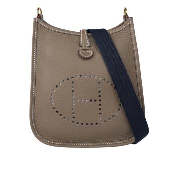 HERMES 金釦 TC皮 MINI EVELYNE 16 斜揹包(大象灰/深藍背帶)