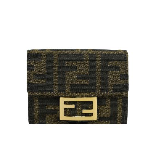 FENDI Baguette FF Logo 緹花布三折短夾(棕色)(Micro)