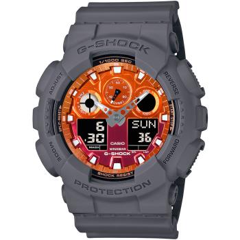 CASIO G-SHOCK 閃耀火焰防磁雙顯計時錶/橙/GA-100FL-8A