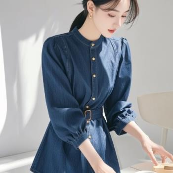 【LANNI 藍尼】★收腰牛仔藍襯衫上衣(女上衣/七分袖/顯瘦)