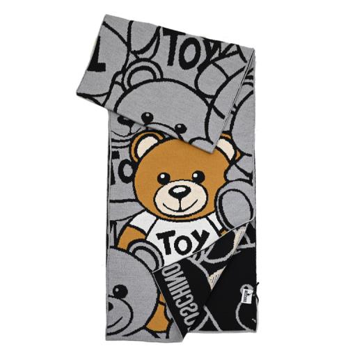 MOSCHINO 30778 M2950 滿版小熊印花羊毛雙面長圍巾/披肩.灰/黑