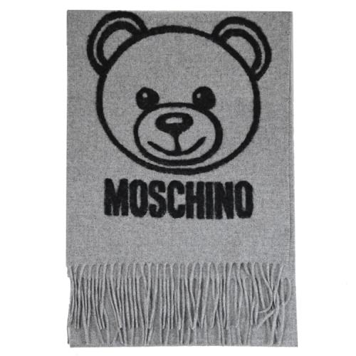MOSCHINO 50196 M5646 大熊印花LOGO流蘇羊毛長圍巾/披肩.灰