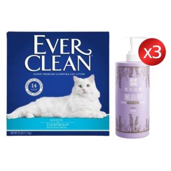 EverClean藍鑽雙重活性碳低過敏結塊貓砂25lb(美規)+東森嚴選(東風)透亮清爽沐浴乳900gx3入 薰衣草