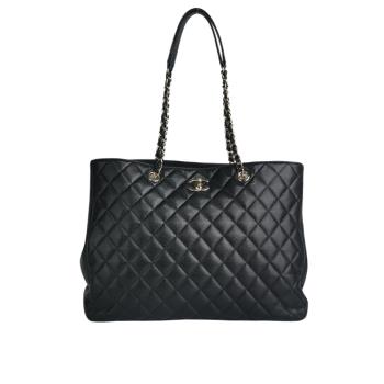 二手商品9.7成新 CHANEL 金色CC Logo 粒紋牛皮轉釦鍊帶肩揹包/托特包(黑色)