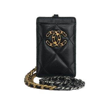 二手商品9.5成新 CHANEL 19系列菱格紋小羊皮掛式證件夾/卡片夾(黑色)