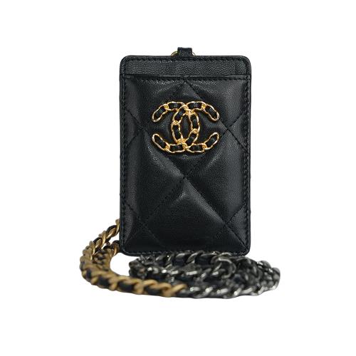二手商品9.5成新_CHANEL 19系列菱格紋小羊皮掛式證件夾/卡片夾(黑色)