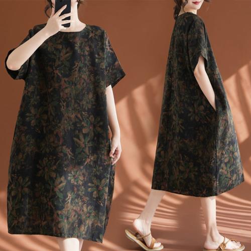  AKARA 涼感 棉麻 大碼 日系藝文綿麻釉墨連身短袖洋裝(涼感 棉麻 中大尺碼 短袖)