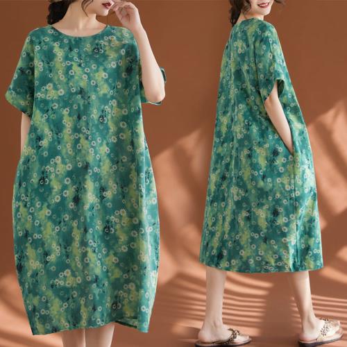  AKARA 涼感 棉麻 大碼 日系藝文綿麻活綠連身短袖洋裝(涼感 棉麻 中大尺碼 短袖)