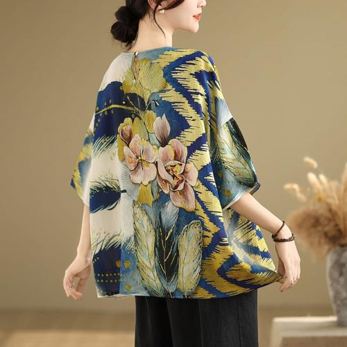  AKARA 藏青羽洸棉麻滿版多彩蝙蝠袖上衣(春夏 涼感 棉麻 寬版均碼 中大尺碼)