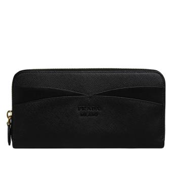 PRADA 徽標Logo 交叉設計防刮皮革ㄇ形拉鍊長夾(黑色)