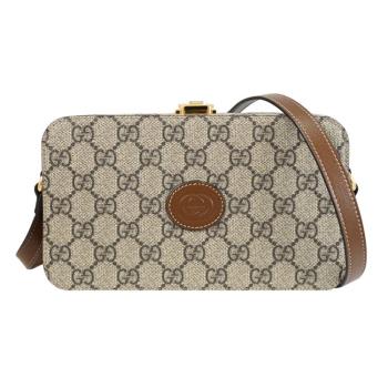 GUCCI 723129 Interlocking GG LOGO箱型硬殼迷你斜揹包.咖