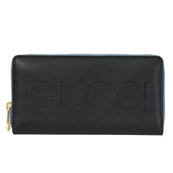 GUCCI 658691 經典烙印LOGO荔枝皮革ㄇ字拉鍊長夾.藍黑
