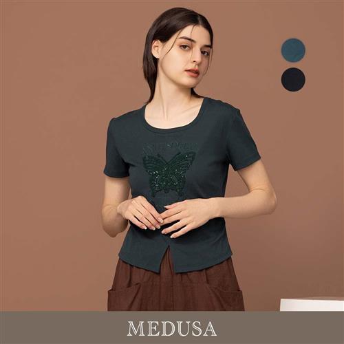 現貨【MEDUSA 曼度莎】刺繡蝴蝶 顯瘦開衩下擺休閒T恤 - 2色（M-XL）｜女T恤 女休閒上衣 顯瘦穿搭