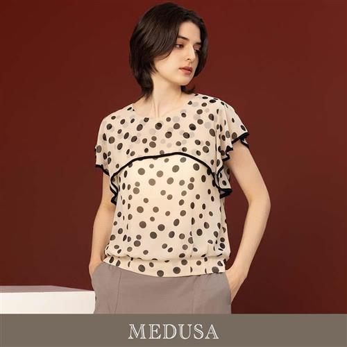 現貨【MEDUSA 曼度莎】米色荷葉點點雪紡上衣（M-2L）｜女短袖上衣 甜美穿搭 上班穿搭