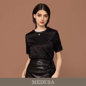 現貨【MEDUSA 曼度莎】醋酸緞面點點水鑽上衣（M-2L）｜女上衣 短袖上衣 氣質上衣