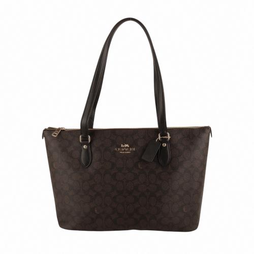 COACH- 金馬車防刮滿版LOGO肩背托特包(深咖x黑邊)中